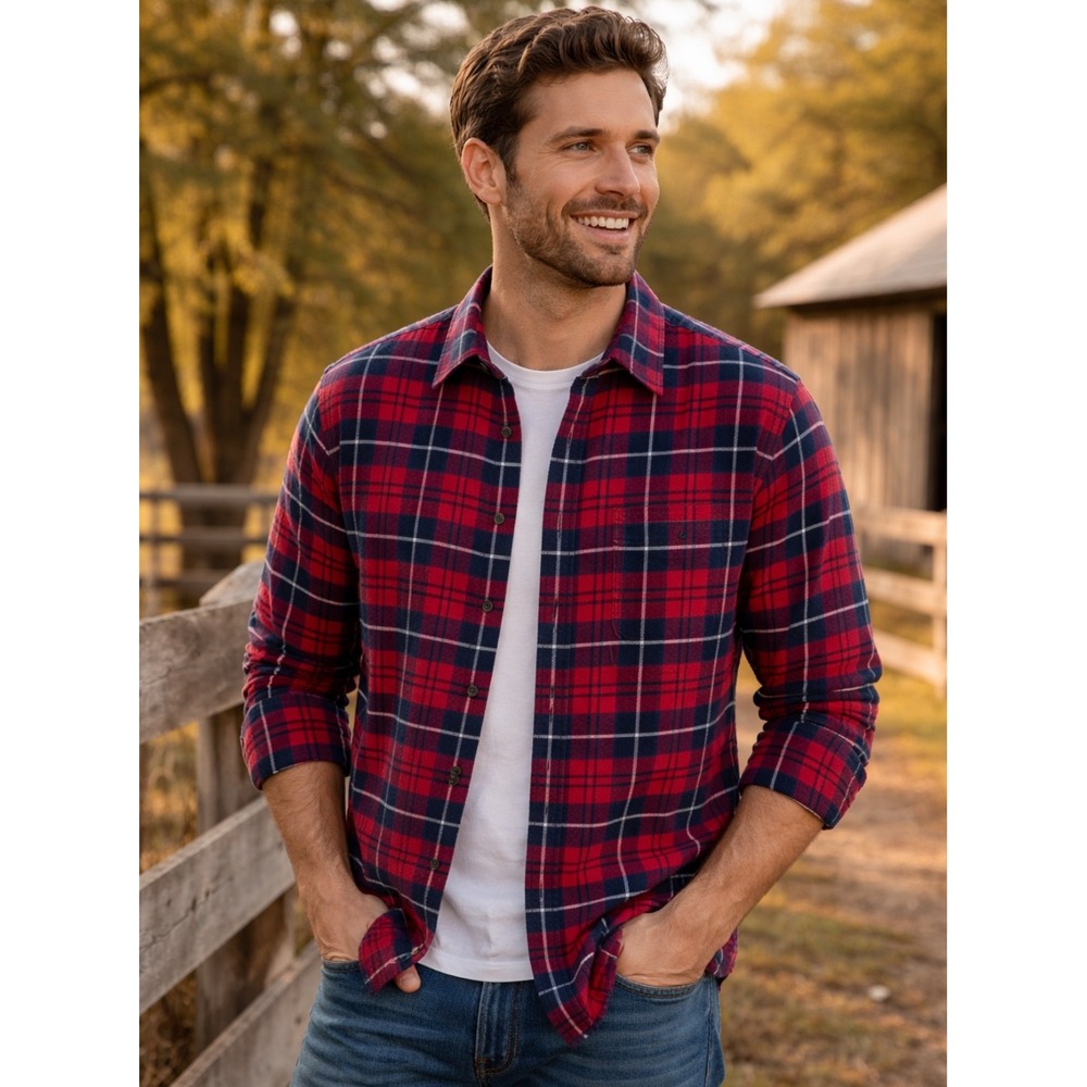 J Crew Mens Flannel Shirt Sz M Button Up Red Navy Plaid Heritage Classic Country